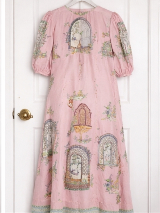 Alemais Monte Linen Midi Dress Pink Printed Flax Puff Sleeve Resort XXL - Picture 6 of 11